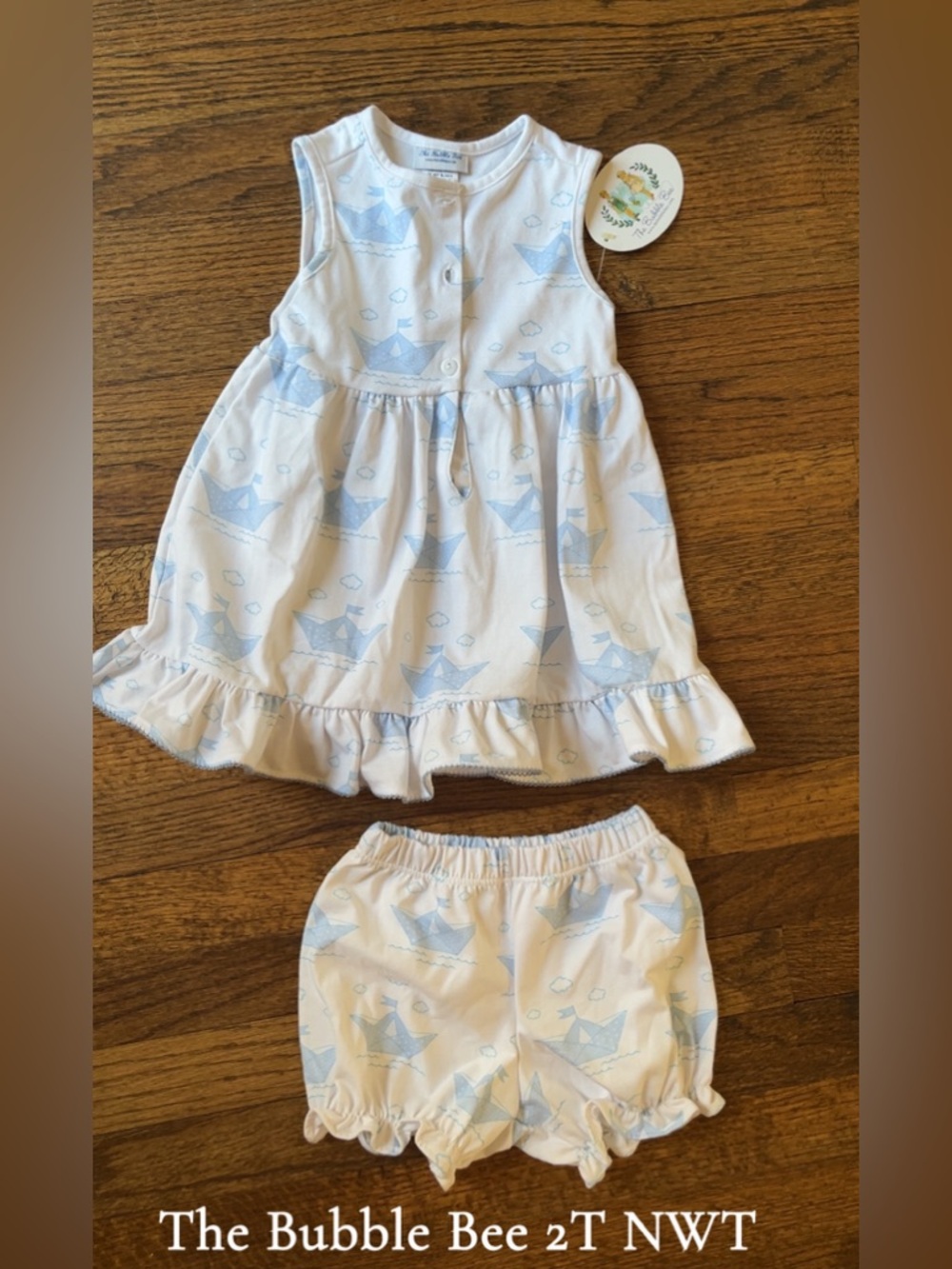 NWT Girls The Bubble Bee White & Light Blue Paper Boat Dress Set - 2T